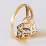 Anello vintage a navette in oro 18K con zaffiro e diamanti, anni '60