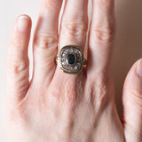 Anello vintage a margherita in oro 18K e argento con zaffiro e diamanti di taglio rosetta, anni '50