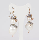 Snowman earrings with scaramazze pearls, gold, silver and precious stones