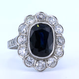 Anello vintage in platino con diamanti (1.25 ct) e zaffiro di 6 ct , anni 60