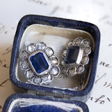 Orecchini antichi in oro bianco 18K con zaffiri e diamanti di taglio rosetta, anni '40