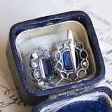 Orecchini antichi in oro bianco 18K con zaffiri e diamanti di taglio rosetta, anni '40