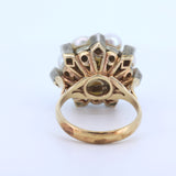 Anello in oro 14 k e argento con perle e rosette di diamante , stile anni 50