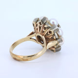 Anello in oro 14 k e argento con perle e rosette di diamante , stile anni 50