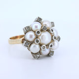 Anello in oro 14 k e argento con perle e rosette di diamante , stile anni 50