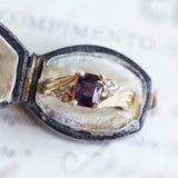 Anello vintage in oro 14K con ametista e diamanti, anni '60/'70