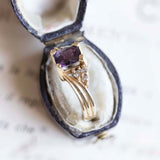 Anello vintage in oro 14K con ametista e diamanti, anni '60/'70