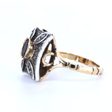 Bague vintage en or 14 carats et argent avec saphir et rosettes, style début des années 1900