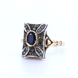 Bague vintage en or 14 carats et argent avec saphir et rosettes, style début des années 1900