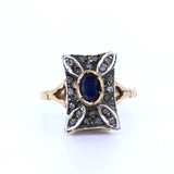 Bague vintage en or 14 carats et argent avec saphir et rosettes, style début des années 1900