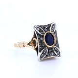 Bague vintage en or 14 carats et argent avec saphir et rosettes, style début des années 1900