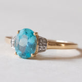 Anello vintage in oro 14K con tormalina azzurra e diamanti, anni ‘80