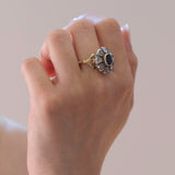 Bague marguerite ancienne en or 14 carats et argent avec saphir et diamants, début des années 1900