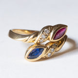 Anello contrarié vintage in oro 14K con zaffiro, rubino e diamanti (0.12ctw ca.), anni ‘70/‘80