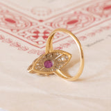 Antique navette ring in 18K gold with ruby and diamonds (0.14ctw approx.), 1930s / 40s