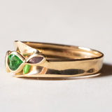 Anello vintage in oro 18K con paste di vetro verdi e rubini, anni ‘70