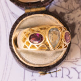 Anello vintage in oro giallo 18K con acquamarina e tormaline rosa, anni ‘60