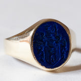 Anello antico da sigillo in oro 14K con lapislazzuli inciso, anni ‘30