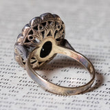 Anello a margherita vintage in stile antico in oro 18K e argento con rubino e diamanti