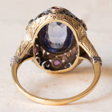 Anello vintage in stile antico in oro 18K e argento con zaffiro e rubini