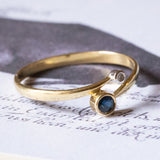 Anello contrarier vintage in oro 14K con zaffiro e diamante, anni ‘50/‘60