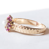 Anello retrò in oro 18K con rubini e perla, anni ‘40