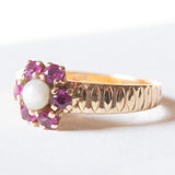 Anello retrò in oro 18K con rubini e perla, anni ‘40