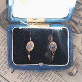 Orecchini antichi in oro 8K con smalti rappresentanti “Non ti scordar di me”, primi del ‘900