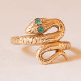 Anello antico a forma di serpente in oro giallo 18K con smeraldi, anni '10