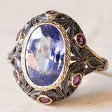 Anello vintage in stile antico in oro 18K e argento con zaffiro e rubini