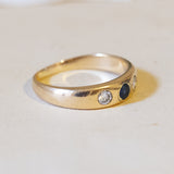 Anello gypsy vintage in oro 14K con zaffiro (0.10ct ca.) e diamanti (0.24ctw ca.), anni ‘50