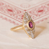 Antique navette ring in 18K gold with ruby and diamonds (0.14ctw approx.), 1930s / 40s