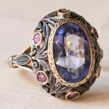 Anello vintage in stile antico in oro 18K e argento con zaffiro e rubini