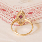 Antique navette ring in 18K gold with ruby and diamonds (0.14ctw approx.), 1930s / 40s