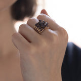 Bague harem multiple en or 14 carats avec grenats, années 1940/1950