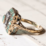 Anello vintage in oro giallo 18K e argento con smeraldi e diamanti di taglio rosetta, anni ‘50
