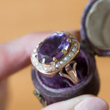 Bague marguerite vintage en or 18 carats avec améthystes et perles, 1950