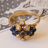 Anello vintage in oro 18K con zaffiri e diamanti, anni ‘70