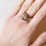 Anello “triplo” vintage in oro 18K con diamanti (0.30ctw ca.) e rubini, anni ‘70