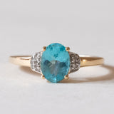Anello vintage in oro 14K con tormalina azzurra e diamanti, anni ‘80