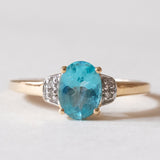 Anello vintage in oro 14K con tormalina azzurra e diamanti, anni ‘80