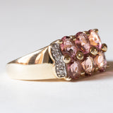 Anello vintage in oro 9K con tormaline rosa e diamanti, anni ‘80/‘90