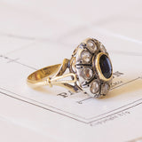 Bague marguerite ancienne en or 14 carats et argent avec saphir et diamants, début des années 1900