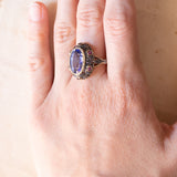 Anello vintage in stile antico in oro 18K e argento con zaffiro e rubini