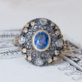 Anello antico in oro 18K e argento con zaffiro e diamanti, anni ‘20