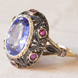 Anello vintage in stile antico in oro 18K e argento con zaffiro e rubini