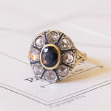 Bague marguerite ancienne en or 14 carats et argent avec saphir et diamants, début des années 1900