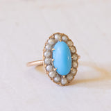 Bague Turquoise Antique en Or 18K et Perles, 1930s