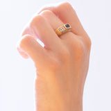 Anello vintage in oro giallo 18K con topazio blu e diamanti (0.56ctw ca.), anni '70/'80