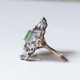 Vintage antique style ring in 18K gold and silver with emerald and diamonds, 1950s